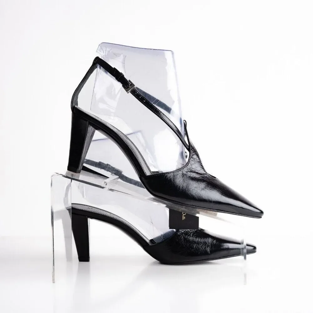 Massimo Dutti Womens Criss Cross Heels Slingbacks Black Leather US 7.5 EU 38 NWB